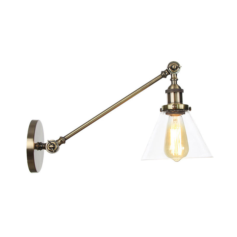 Modern Industrial Conical Sconce Light Clear Glass Lighting Fixture In Black/Bronze/Brass 8/12 L Arm