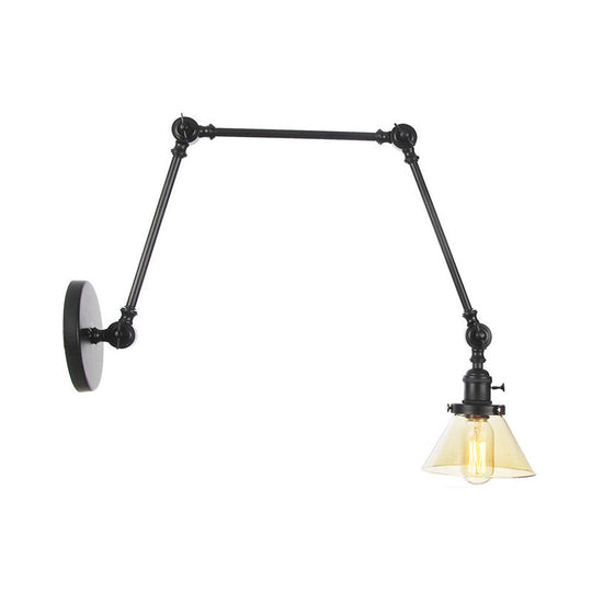 Industrial Conical Clear/Amber Glass Wall Lamp Sconce - Adjustable Arm Black/Bronze/Brass 1 Light 8