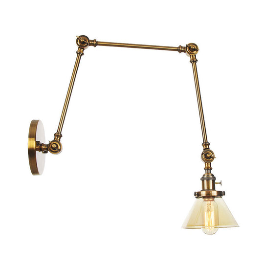 Industrial Conical Clear/Amber Glass Wall Lamp Sconce - Adjustable Arm Black/Bronze/Brass 1 Light 8