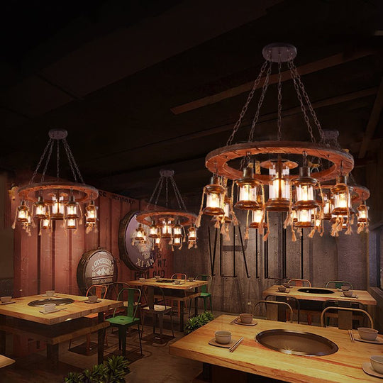 Rustic Brown Metal Pendant Chandelier with Wood Ring Deco - Perfect for Restaurant Lighting - 9 Lights