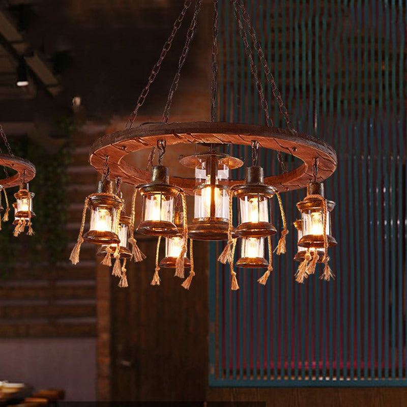 Rustic Brown Metal Pendant Light Fixture With Wood Ring Deco - 9-Light Chandelier For Restaurants