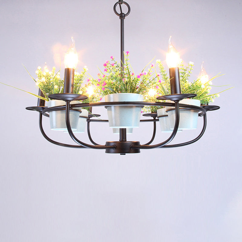 Vintage Style Metal Black Chandelier With Flowerpot Deco - 6/8 Light Candle Hanging Ceiling Fixture