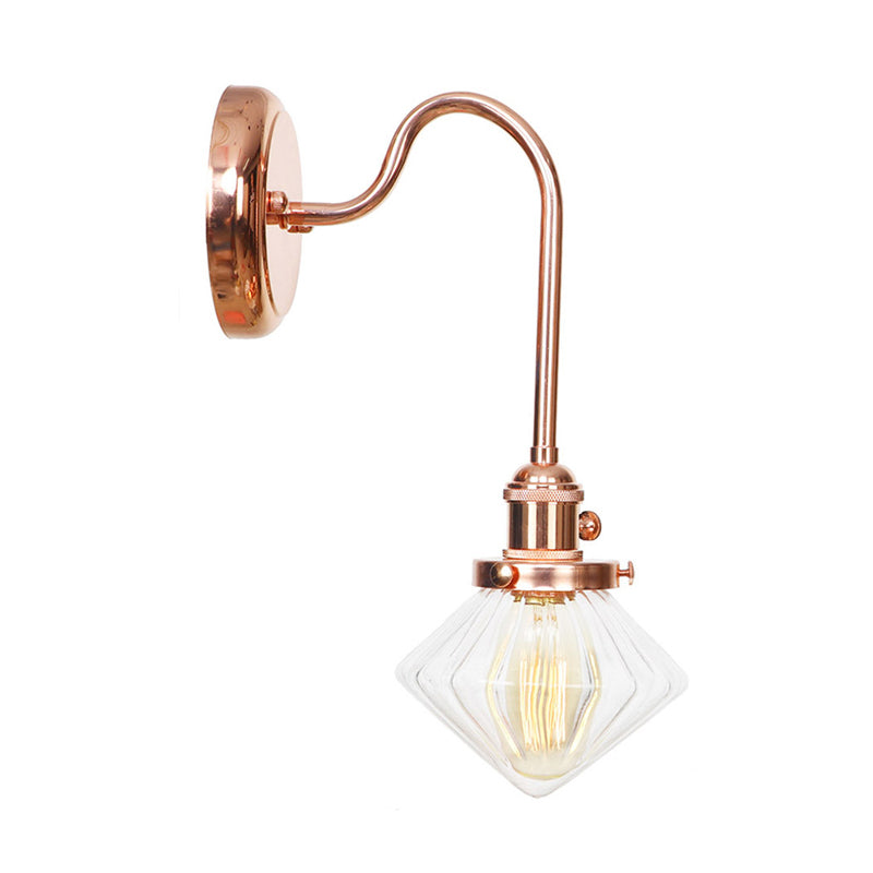 Clear/Amber Glass Copper Diamond Sconce Light - Farmhouse Wall Fixture For Bedroom