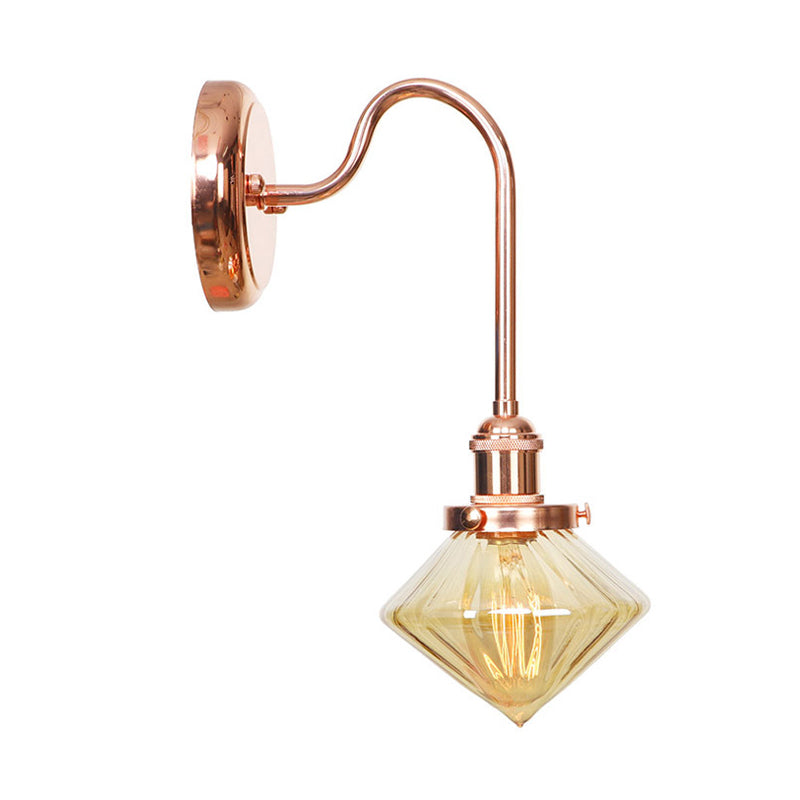 Clear/Amber Glass Copper Diamond Sconce Light - Farmhouse Wall Fixture For Bedroom
