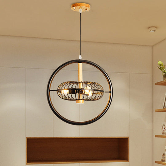 Industrial Black Metal Pendant Chandelier with 3 Caged Lights for Dining Room