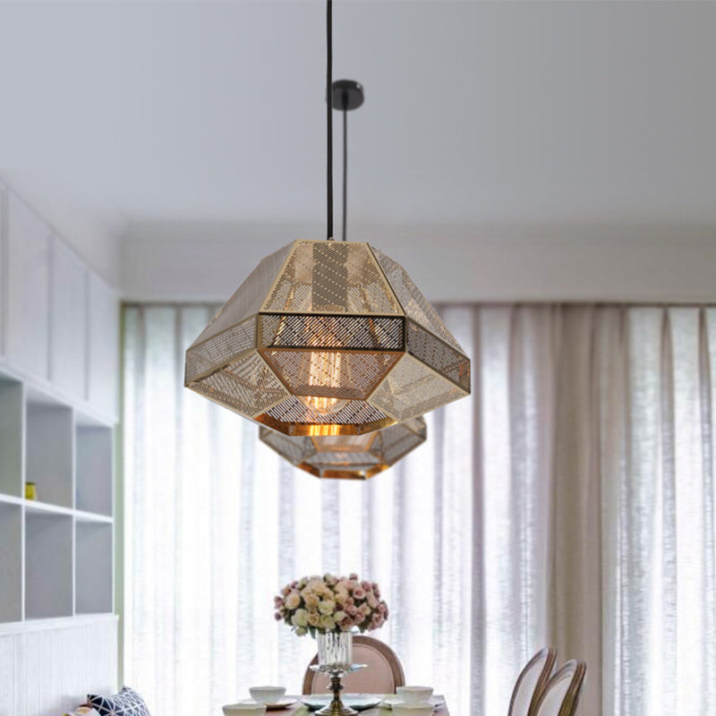 Rustic Metal Diamond Pendant Light With Gold Finish For Living Room - 8/12 W