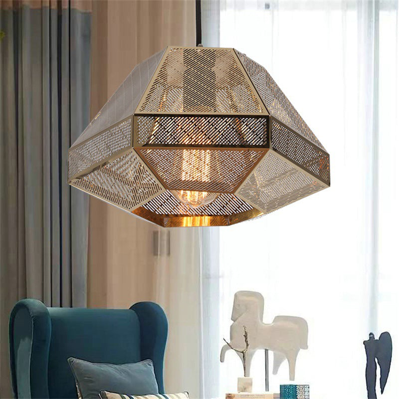 Rustic Metal Diamond Pendant Light With Gold Finish For Living Room - 8/12 W
