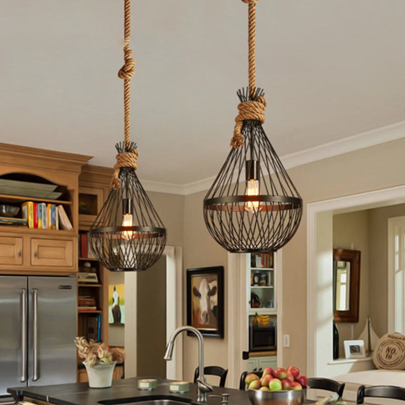 Countryside Black Teardrop Ceiling Lamp With Rope Suspension - Metal Pendant Light For Restaurants