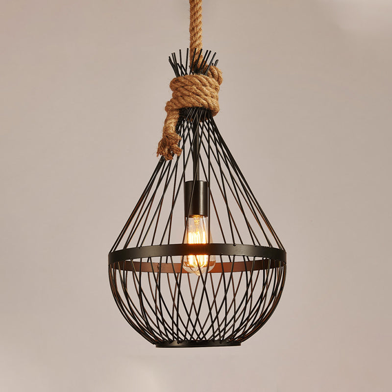 Countryside Black Teardrop Ceiling Lamp With Rope Suspension - Metal Pendant Light For Restaurants