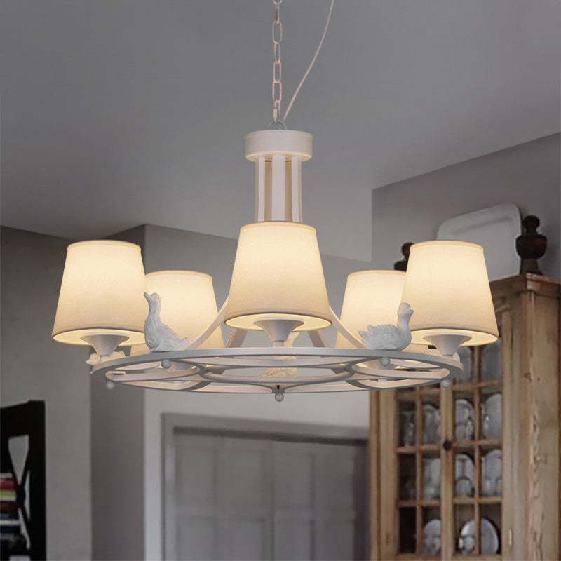 Rustic White Chandelier Lamp With 5 Fabric Cone Pendant Lights And Duck Decoration For Living Room