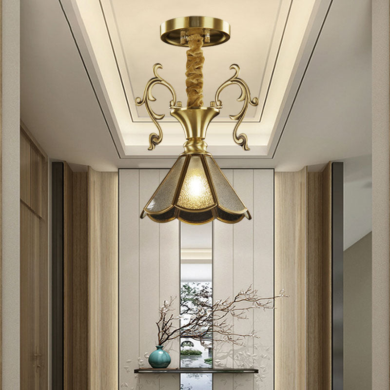 Colonial Seeded Glass Brass Pendant: 1-Light Scallop Ceiling Lamp For Dining Room