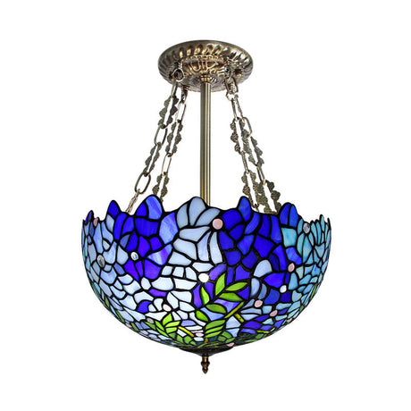 Mediterranean Stained Glass 3-Headed Blue Semi-Flush Dome Ceiling Light