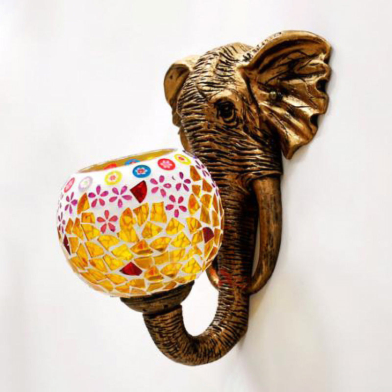 Baroque Stained Glass Elephant Head Wall Mount Lamp - Silver/Yellow Sconce Light For Corridor Yellow