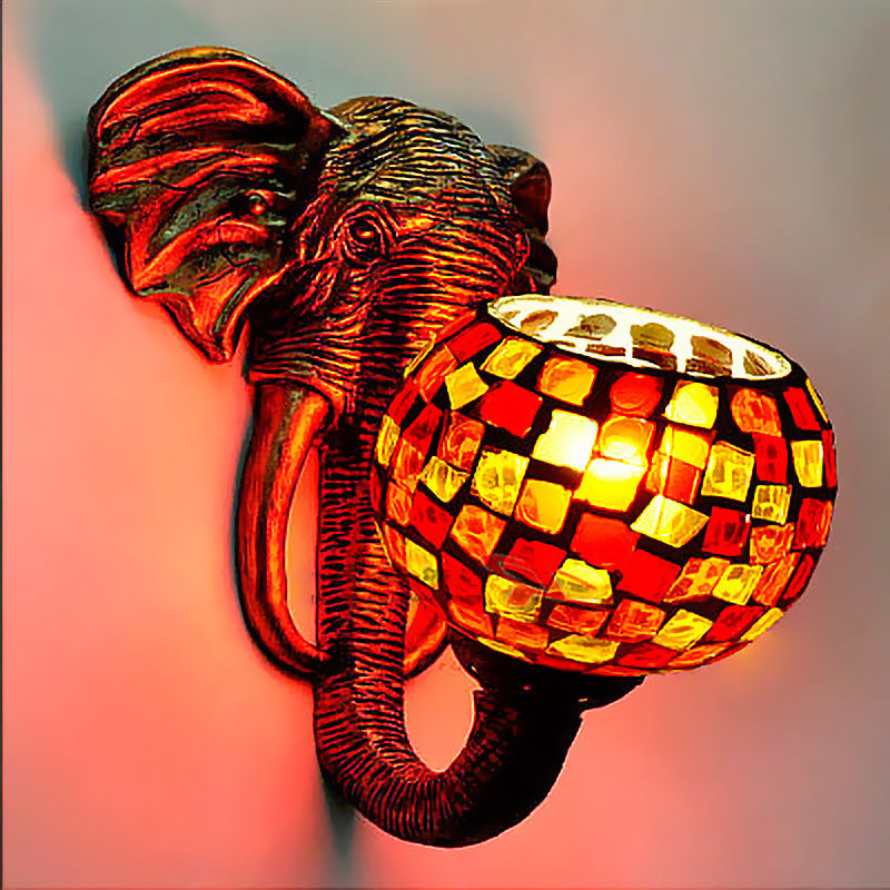 Globe Wall Mounted Light In Red/Yellow/Blue With Hand Cut Glass Baroque Sconce And Elephant Deco -