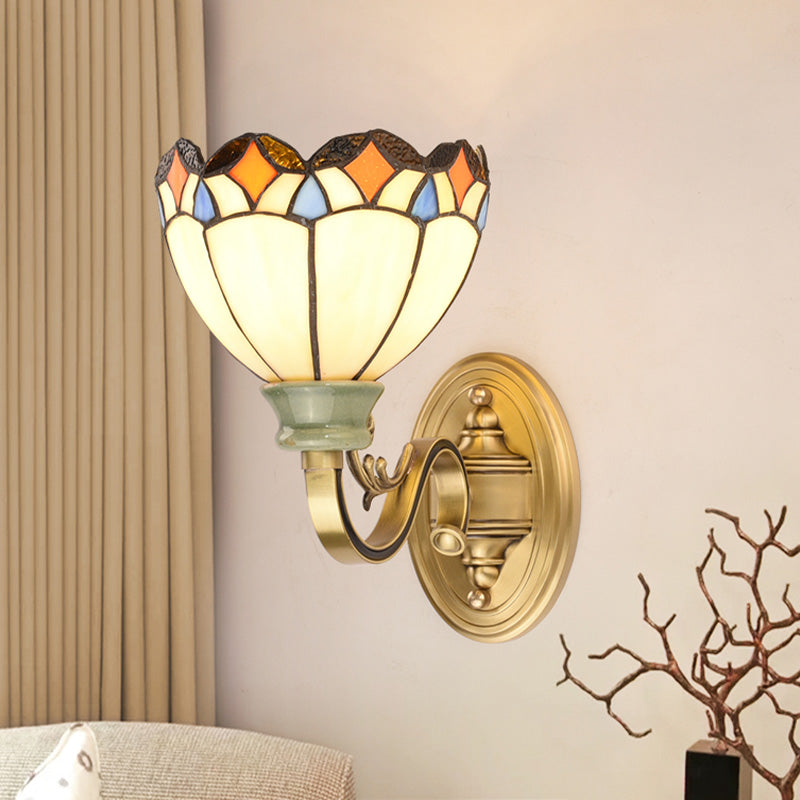 Tiffany Style Cone/Bowl/Flower Cut Glass Wall Sconce Light - 1 For Bedroom Beige/Yellow/Orange Blue