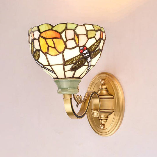 Tiffany Style Cone/Bowl/Flower Cut Glass Wall Sconce Light - 1 For Bedroom Beige/Yellow/Orange