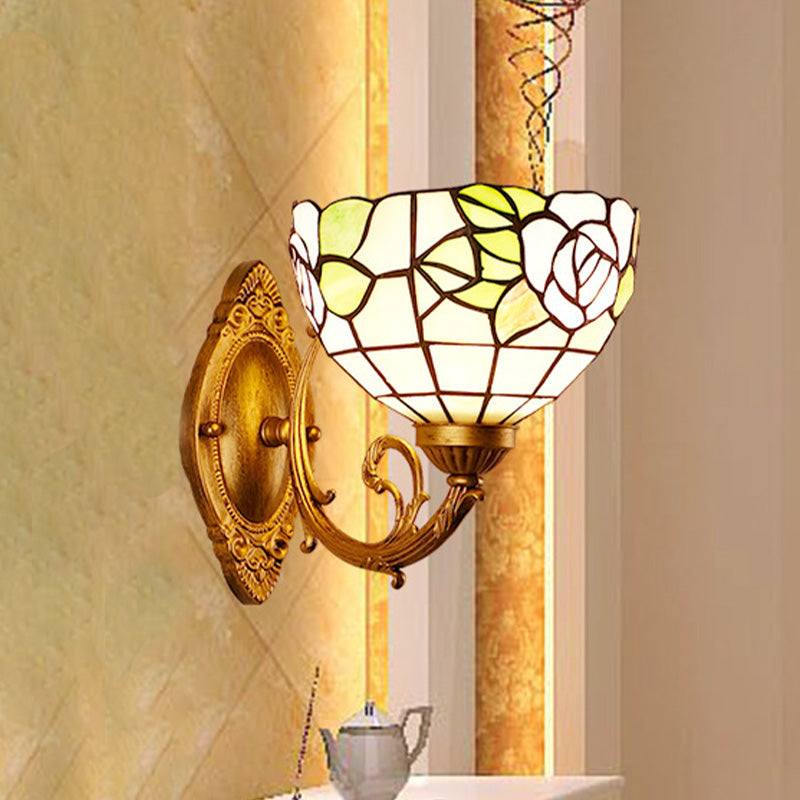 1-Light Stained Art Glass Victorian Sconce In Brass For Bathroom - Grape/Blossom Vanity Lighting