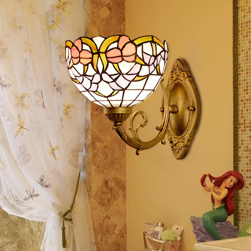 1-Light Stained Art Glass Victorian Sconce In Brass For Bathroom - Grape/Blossom Vanity Lighting