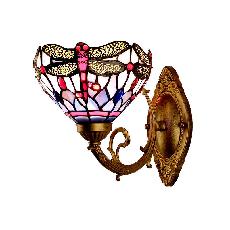 Tiffany Dragonfly Wall Mount Lamp - Brass 1-Light Sconce With Hand-Cut Glass & Curving Arm