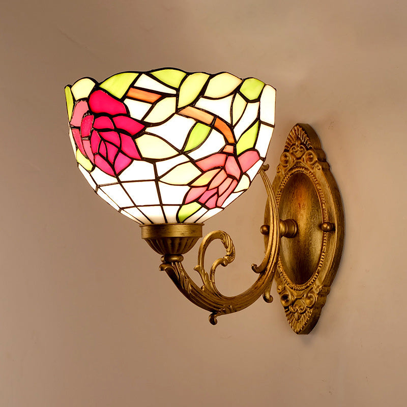 Tiffany Style Rose Red Sconce Light: Cut Glass Flower Wall Mount Lighting For Bedroom