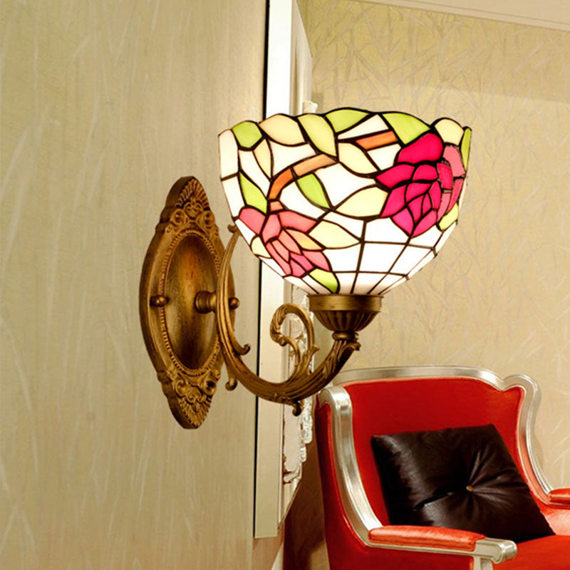 Tiffany Style Rose Red Sconce Light: Cut Glass Flower Wall Mount Lighting For Bedroom
