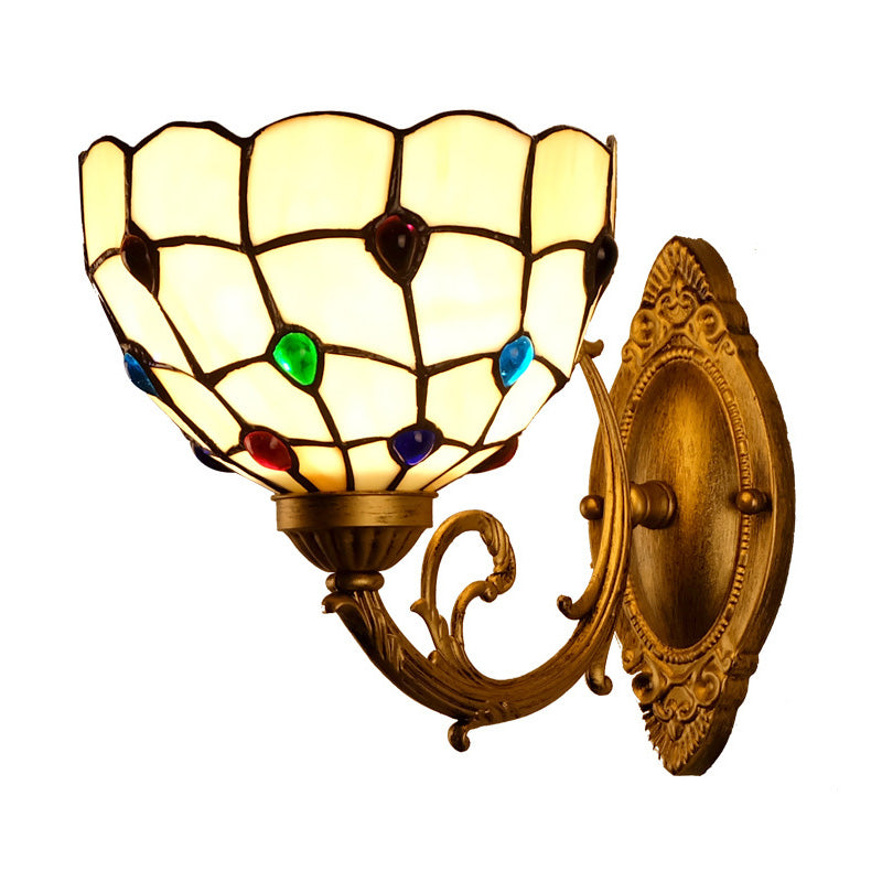 Mediterranean Brass Bathroom Vanity Sconce With Beaded White Glass Shade