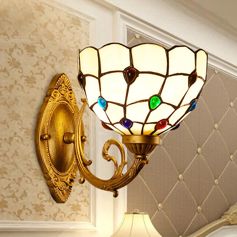 Mediterranean Brass Bathroom Vanity Sconce With Beaded White Glass Shade