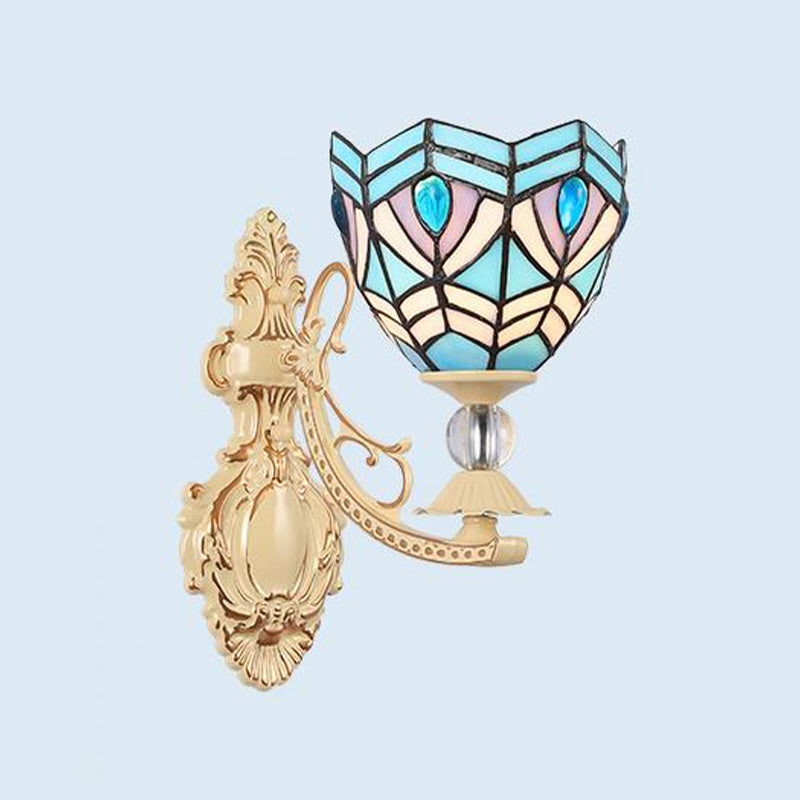 1-Light Mediterranean Wall Mounted Outdoor Lamp - Cut Glass White/Red/Pink Sconce White-Blue