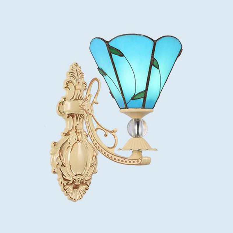 1-Light Mediterranean Wall Mounted Outdoor Lamp - Cut Glass White/Red/Pink Sconce Light Blue
