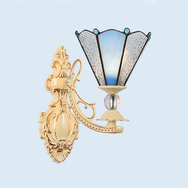1-Light Mediterranean Wall Mounted Outdoor Lamp - Cut Glass White/Red/Pink Sconce Dark Blue