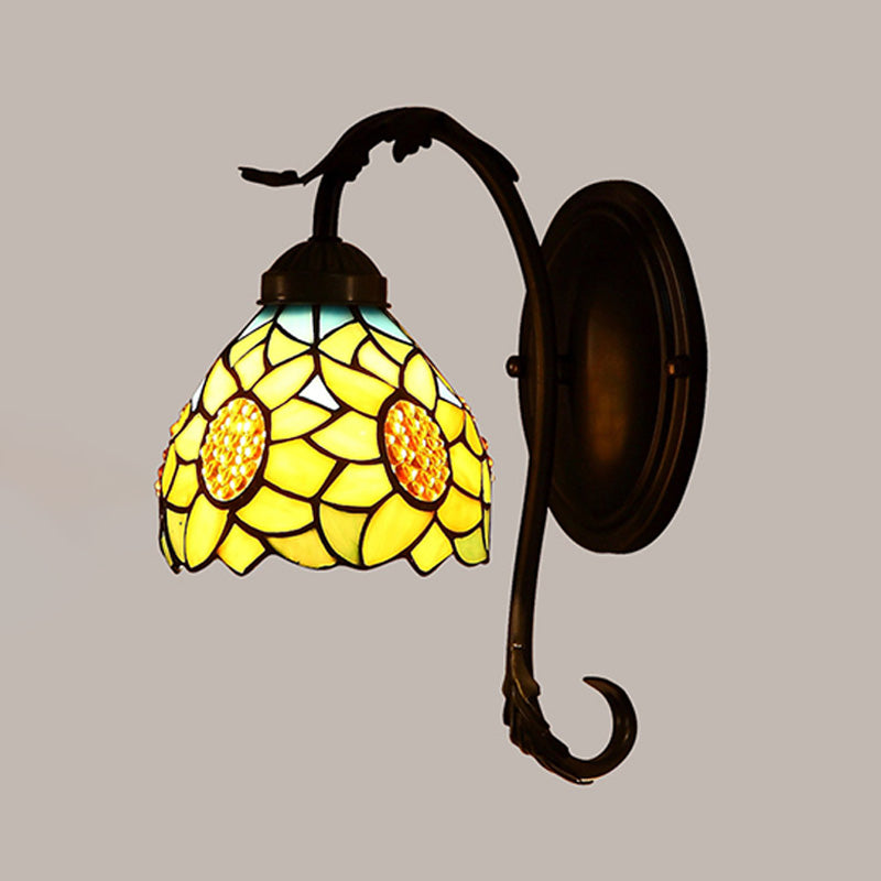 Yellow Sunflower Stained Art Glass Wall Lamp - Mediterranean Sconce With Curved Arm