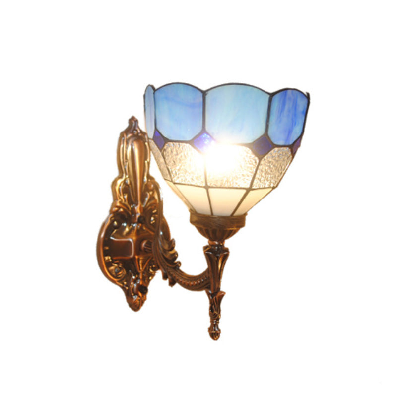 Tiffany Style Dome Stained Glass Sconce Light Fixture - Bedroom Wall Lamp (1-Light Blue/Gold/Tan)