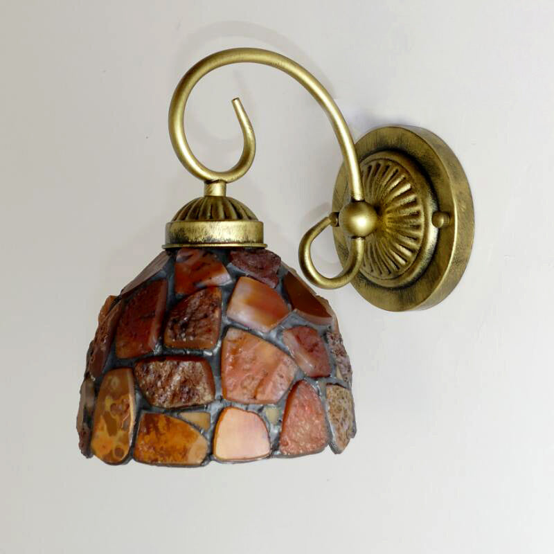 Tiffany Beige Sconce Light: 1-Light Bedroom Wall Mounted Lighting With Stone Bell/Dome Shade / B