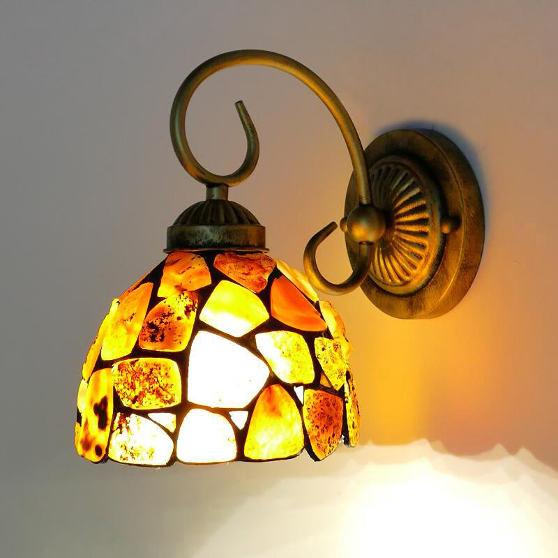 Tiffany Beige Sconce Light: 1-Light Bedroom Wall Mounted Lighting With Stone Bell/Dome Shade