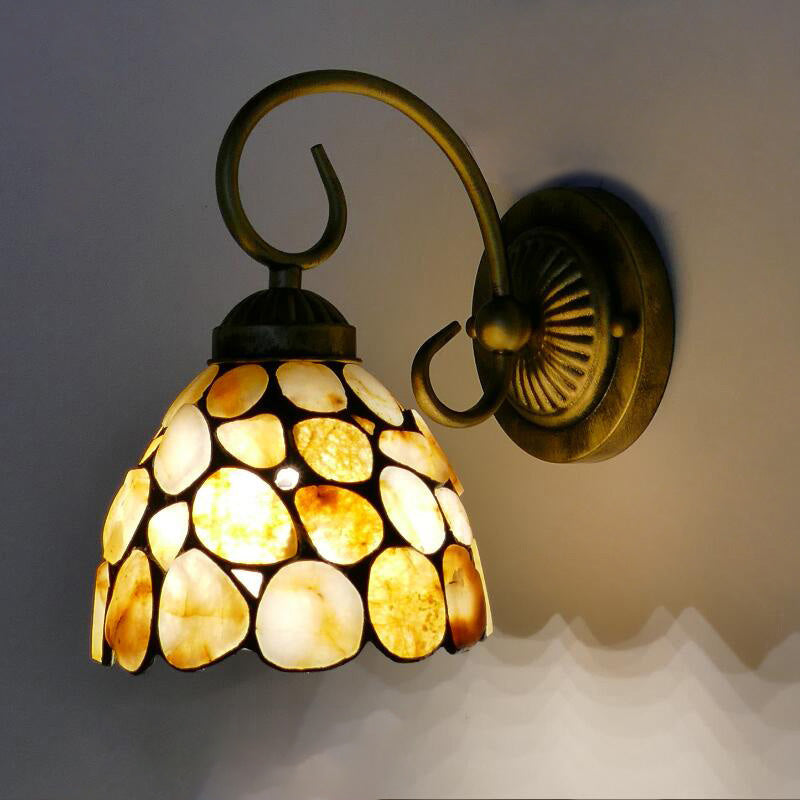 Tiffany Beige Sconce Light: 1-Light Bedroom Wall Mounted Lighting With Stone Bell/Dome Shade / C
