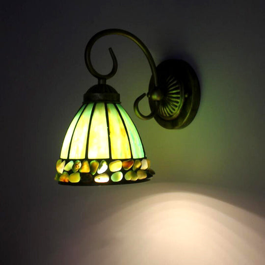 Dome Tiffany Stained Glass Sconce Light With Stone Deco - Elegant Wall Lighting Idea Beige/Green