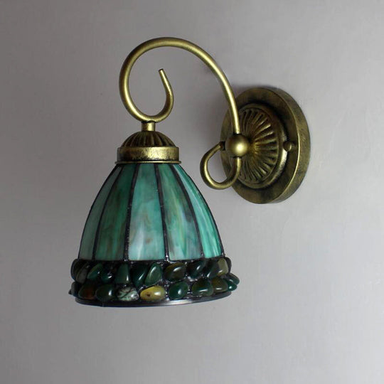 Dome Tiffany Stained Glass Sconce Light With Stone Deco - Elegant Wall Lighting Idea Beige/Green