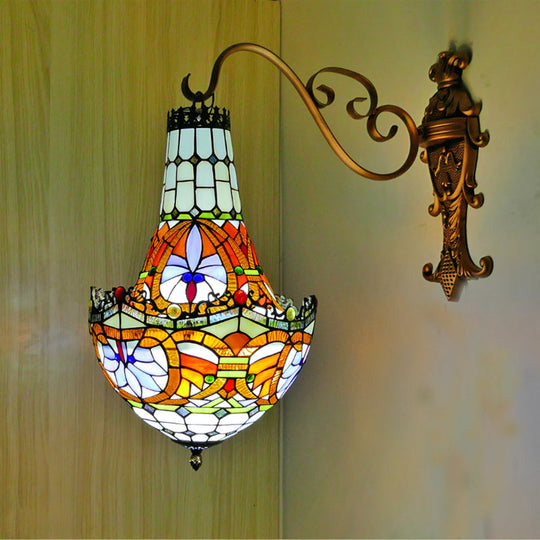 Mediterranean Flower Stained Glass Sconce - 3-Light Wall Fixture In Beige/Yellow/Orange For Living