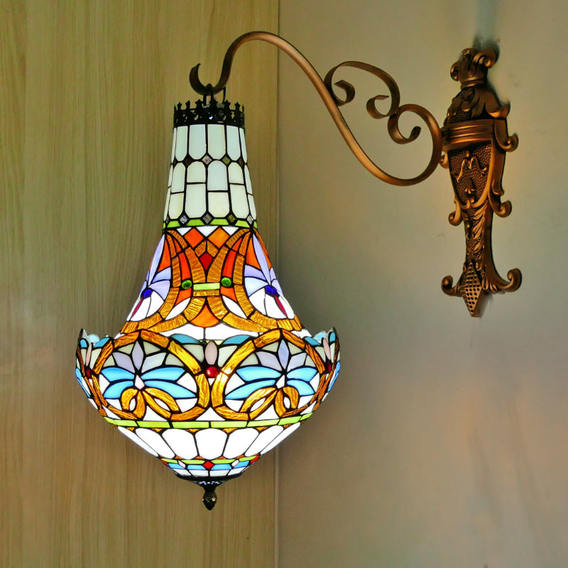 Mediterranean Flower Stained Glass Sconce - 3-Light Wall Fixture In Beige/Yellow/Orange For Living