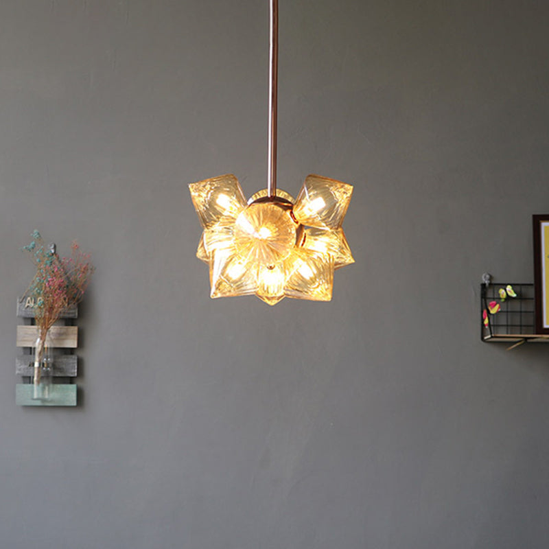 Amber Glass Pyramid Chandelier Lamp- 9/12 Bulb Modern Pendant Light for Living Room