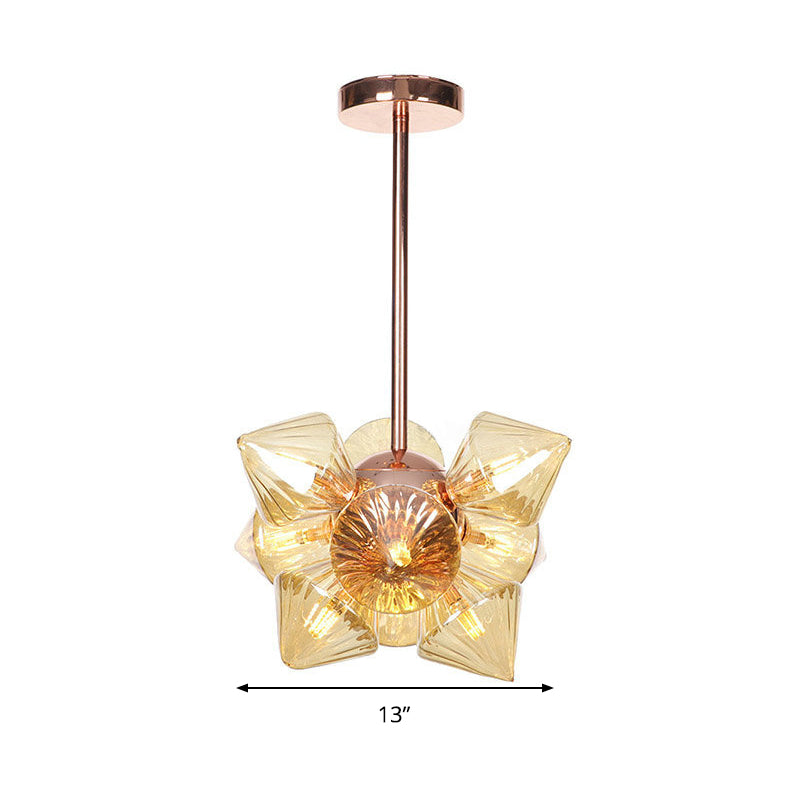 Amber Glass Pyramid Chandelier Lamp- 9/12 Bulb Modern Pendant Light for Living Room