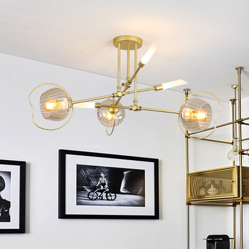 Contemporary 6/8-Head Chandelier with Gold Bowl Ceiling Suspension and Amber Glass Shade