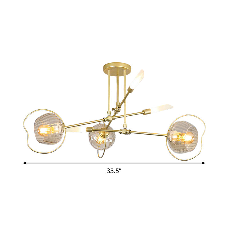 Contemporary 6/8-Head Chandelier with Gold Bowl Ceiling Suspension and Amber Glass Shade