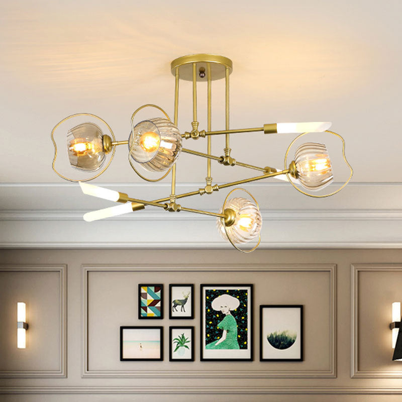 Modern 6/8 Heads Gold Chandelier With Amber Glass Shade 8 /