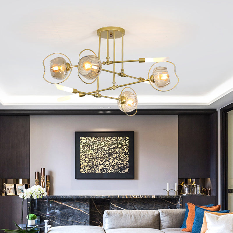 Contemporary 6/8-Head Chandelier with Gold Bowl Ceiling Suspension and Amber Glass Shade