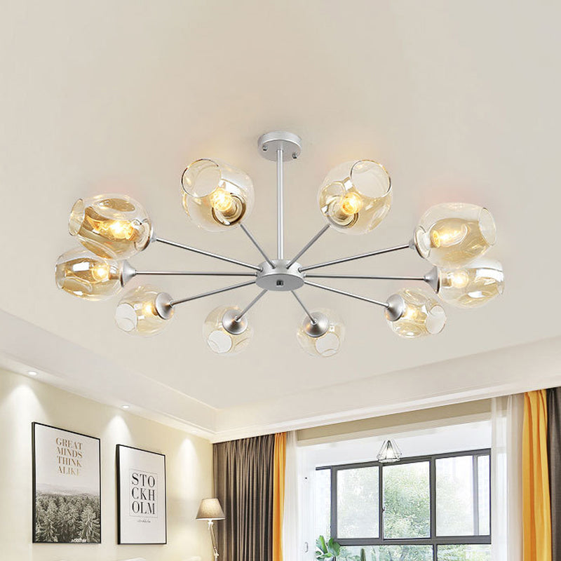 Modern 10-Bulb Chandelier Pendant Light with Amber Glass Shade - Silver Cup Design