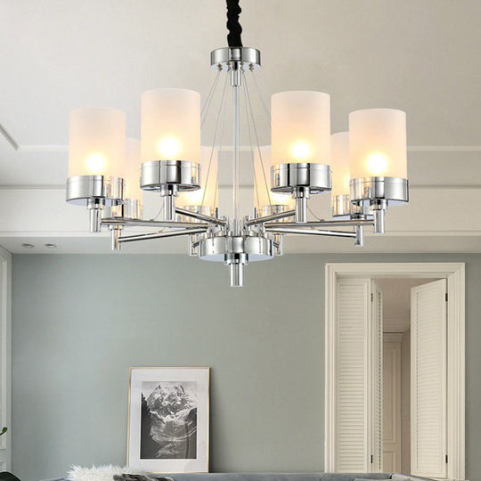 Modernist Frosted Glass Pendant Light Fixture - 8 Heads Cylinder Chandelier In Chrome Finish