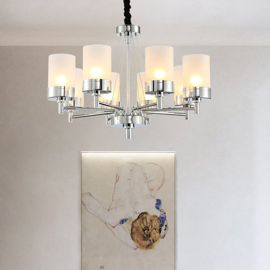 Frosted Glass Cylinder Chandelier - Modernist Pendant Light in Chrome with 8 Hanging Heads