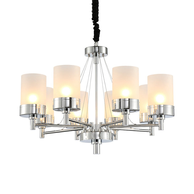 Modernist Frosted Glass Pendant Light Fixture - 8 Heads Cylinder Chandelier In Chrome Finish