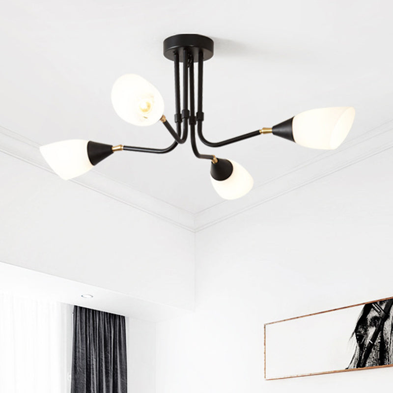 Modern Black Ceiling Chandelier with Flared Pendant Light and Milky Glass Shade - 4/6/8 Bulbs